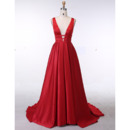 Sexy Plunging V-neckline Red Satin Evening Dresses with Pleated Train