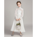 Charming Ruffled High Neck Chiffon Pleated Flower Girl Dress with Long Sleeves