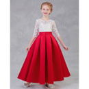 Lovely A-Line Long Length Lace Bodice Satin Flower Girl Dress with Half Sleeves