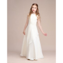 Affordable Ivory V-back Long Length Chiffon Junior Bridesmaid Dress with Pleated Waist