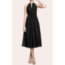 Affordable Tea Length Pleated Chiffon Black Homecoming Dresses with Open Back