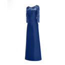 Elegant Lace Neckline Full Length Satin Mother Dresses with 3/4 Long Sleeves