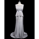 Elegant Sheath V-back Sleeveless Long Length Satin Mother of the Bride Dress with Lace Peplum Waist