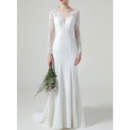 Fashionable Deep V-neckline Court Train Satin Wedding Dresses with Long Lace Sleeves