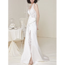 Whimsical Halter-Neck Satin Wedding Dresses with High Slit and Lace Appliques Detail 