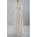 Discount A-Line V-Neck Tull Over Satin Wedding Dresses with Lace Bust and Half Sleeves 