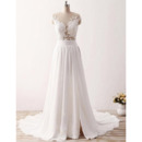 Seductive Illusion Neckline Chiffon Wedding Dresses with Lace Appliques Bust and Split Front 