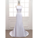 Simple Bateau Neck White Satin Wedding Dresses with Beading Crystal-adorned Waist