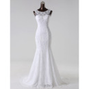 Simple Illusion Neckline White Lace Wedding Dresses with Beaded Detail