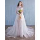 Romantic High Neckline Lace Bodice Wedding Dresses with Detachable Tulle Skirts