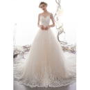 Graceful Beaded Spaghetti Straps Tulle Wedding Dresses with Floral Appliques and Illusion Bodice