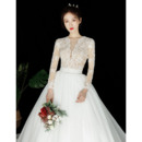 Gorgeous Beading Embellished Bodice Tulle Wedding Dresses with Long Sleeves and Open Back
