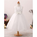 Cute Pearl Applique Satin Tulle Tea Length First Holy Communion Dresses/ Flower Girl Dresses