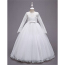Simple Full Length Tulle Flower Girl Dresses with Lace Bodice and Long Sleeves