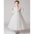 Beautiful Floral Appliques A-line Satin Tulle First Communion Flower Girl Dresses with Long Sleeves