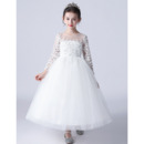 Pretty A-line Floral Appliques Bodice Tulle First Communion Flower Girl Dresses with Long Sleeves