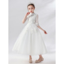 Lovely Floral Appliques Tulle First Communion Flower Girl Dresses with Half Lace Sleeves