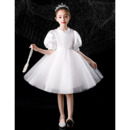 Cute Simple Ball Gown Satin Short First Communion Flower Girl Dresses with Puff Sleeves