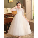 Beautiful Illusion Neck Tulle Flower Girl/ Communion Dresses with 3D Floral Appliques Bodice