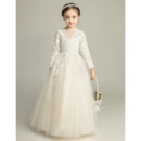 Pretty Ball Gown Floral Lace Bodice Flower Girl/Communion Dresses with Long Sleeves