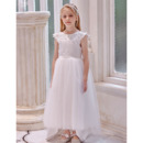 Discount A-line Appliques Satin Tulle Flower Girl/ Communion Dresses with Slight Cap Sleeves