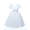 Pretty Scoop Neckline Satin Tulle Flower Girl/ Communion Dresses with Short Lace Sleeves