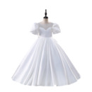 Pretty Illusion Scoop Neckline Satin Flower Girl/ Communion Dresses with Short Puff Sleeves