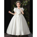 Simple Ball Gown Pleated Satin Flower Girl/ Communion Dresses with Balloon Sleeves