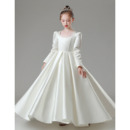Princess Ball Gown Pleated Satin Flower Girl/ Communion Dresses with Long Sleeves
