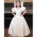Princess Beaded Ball Gown Pleated Satin Flower Girl/Communion Dresses with Short Puff Sleeves