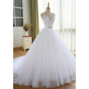 Dramatic Crystal Beading Embellished Bodice Tulle Wedding Dresses with Satin Belt