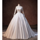 Floral Applique Ball Gown Satin Wedding Dresses with Long Sleeves and Open Back