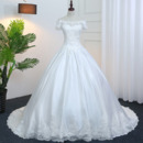 Elegant Off-The-Shoulder Satin Wedding Dresses with Floral Applique Bodice and Waist