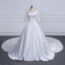 Plunging Scoop Neckline Plus Size Satin Wedding Dresses with Appliques Waist and Train