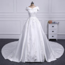 Stunning Off-The-Shoulder A-line Taffeta Wedding Dresses with Beaded Floral Applique
