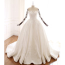 Delicate Beaded Appliques Off-The-Shoulder Ball Gow Satin Wedding Dresses with Long Sleeves