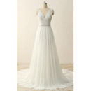 Wonderful Double V-Neck Wedding Dresses with Beaded Appliques Bodice and Pleated Chiffon Skirt