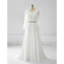 Elegant Deep V-back Chiffon Plus Size Wedding Dresses with Lace Bodice and Long Sleeves