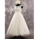 Perfect Low V-back Tee Length Tulle Wedding Dresses with Lace Bodice