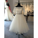 Romantic Appliques Tee Length Tulle Wedding Dresses with Beaded Crystal Belt