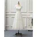 Classy Appliques Beaded Tea Length Tulle Wedding Dresses with Short Sleeves