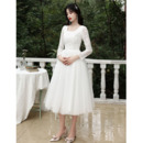 Ethereal Beaded Square Neckline Tea Length Wedding Dresses with Long Sleeves