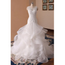 Delicate Court Train Beaded Appliques Tulle Wedding Dress with Ruffled Tiered Skirt