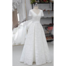 Concise A-line V-neck Lace Wedding Dress with Short Sleeves and Big Bowknot