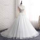 Glamorous Appliques Ball Gown Court Train Tulle Wedding Dress with Long Illusion Sleeves