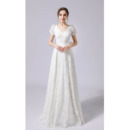 Elegance V-neckline Lace Wedding Dress with Puff Sleeves and Big Bow