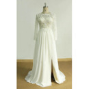 Winsome Beaded Appliques Bodice Chiffon Wedding Dress with Stunning V-back and Long Sleeves