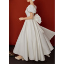 Pretty Ankle-length Satin Wedding Dress with Short Puff Sleeves and Slimming Basque Waistline