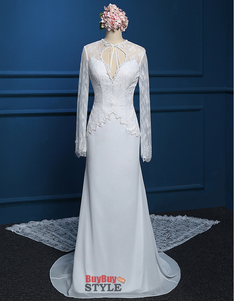 Beautiful Scoop Halter Neckline Chiffon Wedding Dresses with Long Lace ...