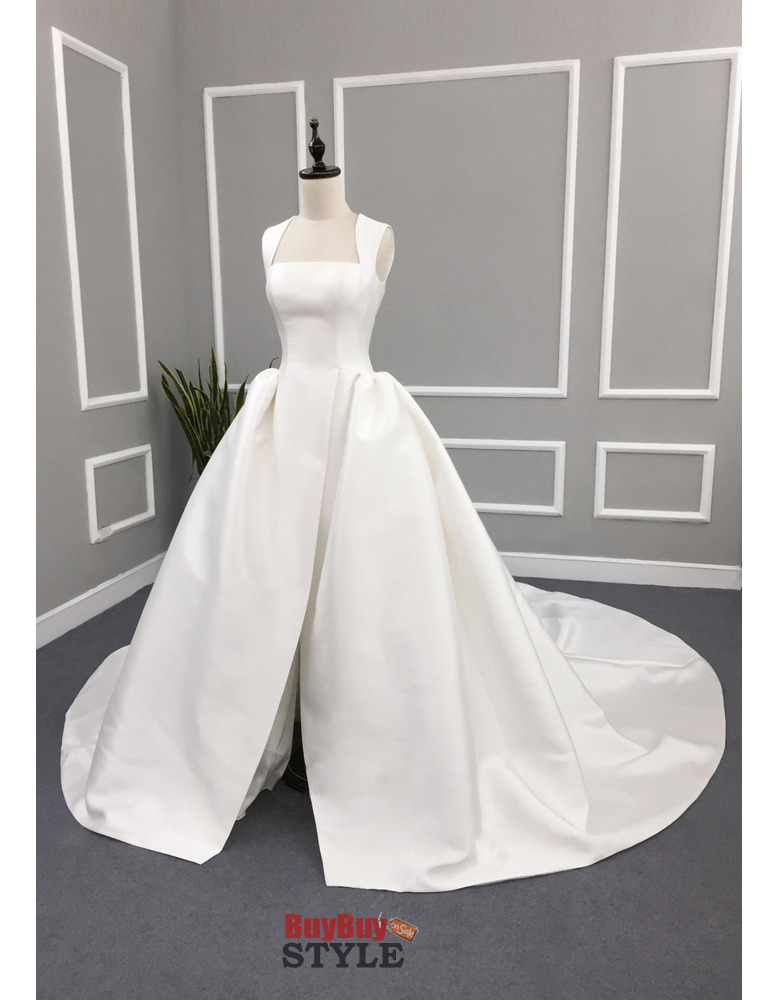 Simple Ball Gown Square Neck Satin Wedding Dresses with Split Front and ...
